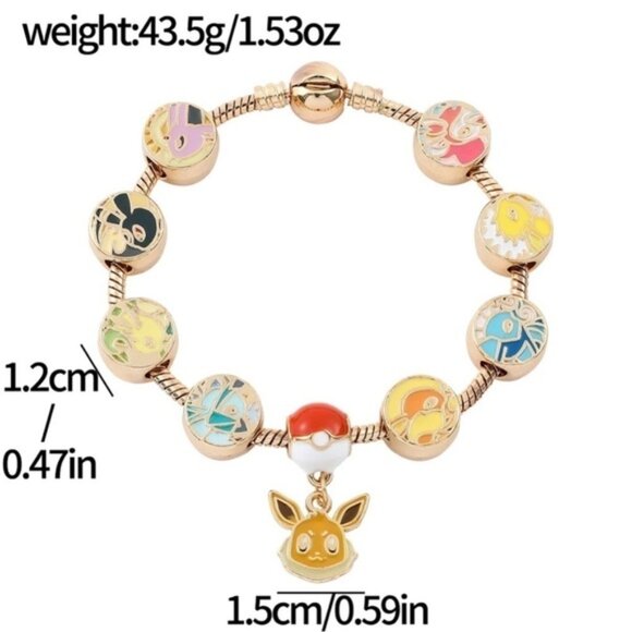 ⭐️NEW⭐️ Gold Plated & Enameled Pokémon Eevee Eeveelution Themed Charm Bracelet - Picture 7 of 8
